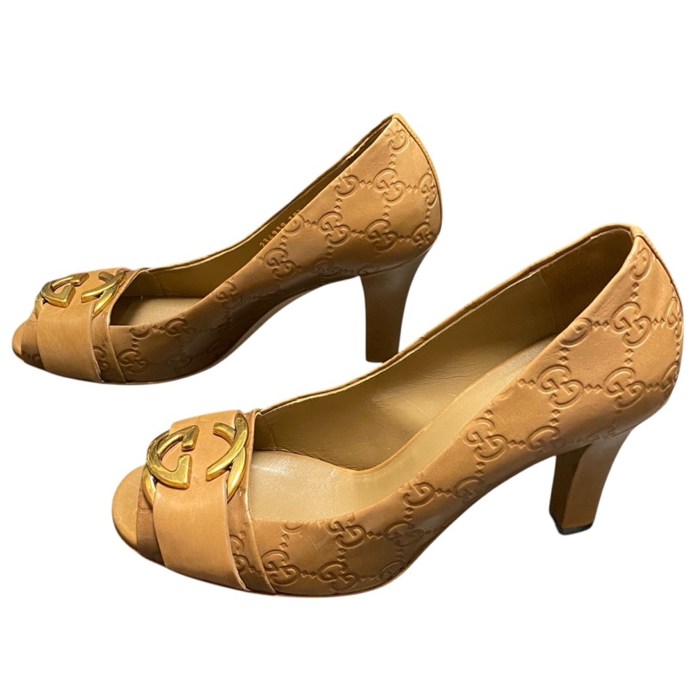 Gucci Caramel Guccissima Interlocking G Open Toe Pumps - Picture 5 of 8